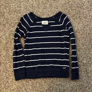 Hollister Navy Blue and White Striped layering sweater